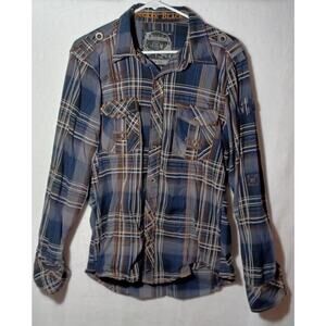 Buckle Black Label Plaid Button Up Long Sleeve Western Shirt Men Large Blue EUC